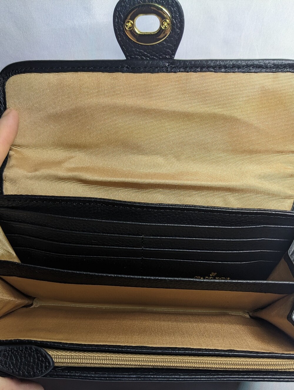 Ora Delphine Fold-over Wallet, Black Pebbled Leather W/ Gold-tone Turnlock - Picture 10 of 15